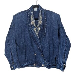 Vintage Embellished Denim Jacket Women’s Large 100% Cotton Embroidered
